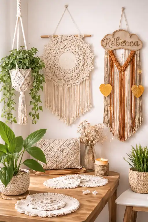 Macramé Home Decor — wall hangings, plant hangers, and coasters